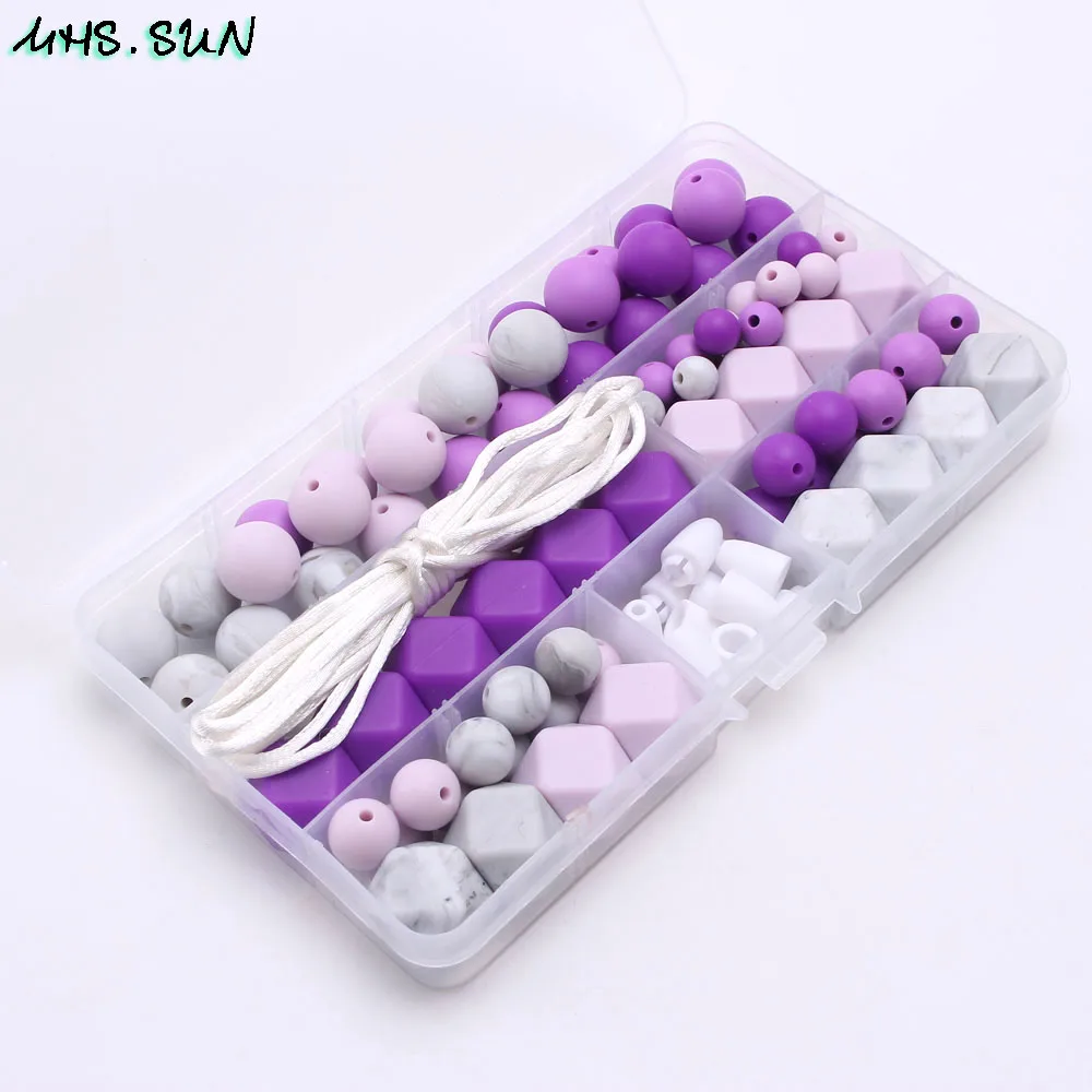 MHS.SUN Baby Teether Kits Box Silicone Teething Beads Set Purple Round