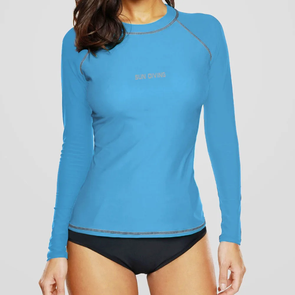 

Long Sleeve Swimming Tshirt For Women Surf Rash Guards Solid Blue UPF50+ Rashguard Swimsuit Femme Surfing Shirt 2019 Swimwear
