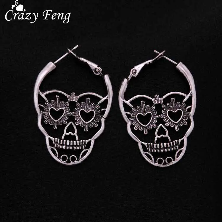 Серьги подвески Crazy Feng в винтажном стиле с резным узором виде черепа ювелирные