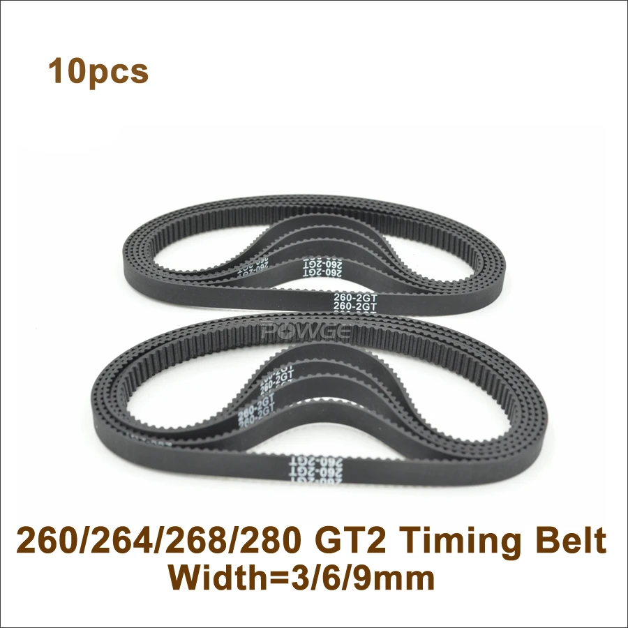 

POWGE 10pcs 260/264/268/274/280 2GT Timing Belt W=3/6/9mm T=130/132/134/137/140 GT2 Closed-Loop Synchronous Belt 280-2GT 260-GT2