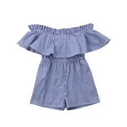 Новорожденных для маленьких девочек в полоску летняя одежда синий комбинезон для девочек с открытыми плечами комбинезон Костюмы