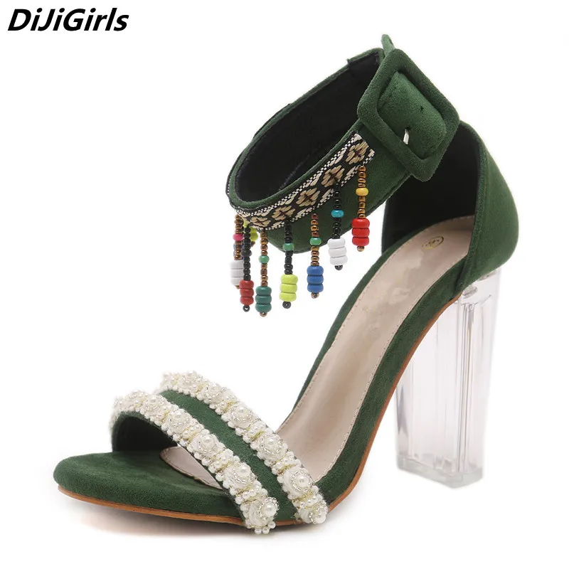 

DiJiGirls Women Sandals Bohemian Clear Crystal Heel Sandals Female 2018 Summer High Heels Party Dance Green Sandals Big Size 9