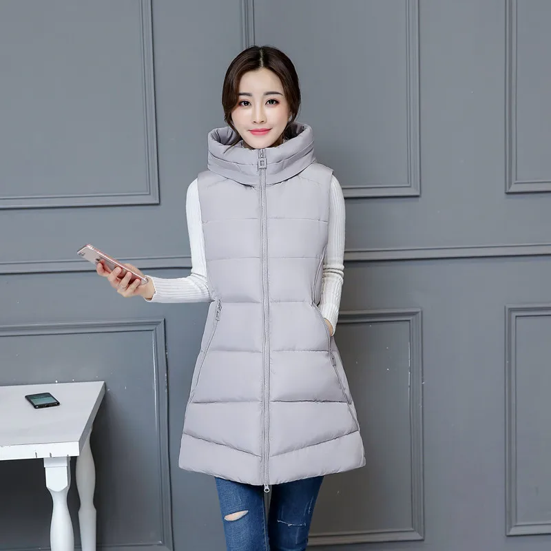 Winter vest women long Casual slim solid Big hood waistcoat vest Autumn sleeveless cotton padded parka coat for female