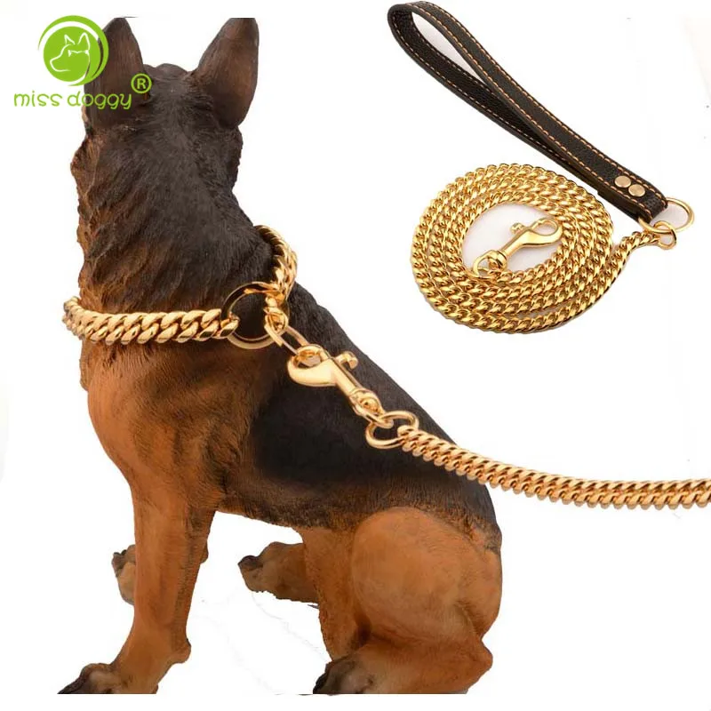 Luxury Gold Chain Dog Pet Leashes Supplies Leather Handle Portable