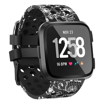

Black flower For Fitbit Versa Bands, Silicone Replacement Sport Strap With Metal Buckle for Fitbit Versa