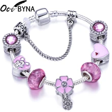 

Sparkling Zirconia Charm Bracelet Women Female Jewelry Enamel Love Heart Pendant Pink Crystal Beads Pandora Bracelet Bangles