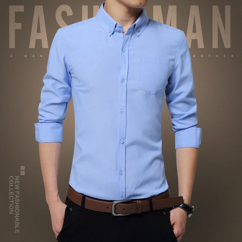 Мужская рубашка с длинным рукавом, осень, новинка, топ, модная, высокое качество, social, одноцветная рубашка, приталенная, деловая, формальная, 5XL 1971 - Цвет: 1616skyblue