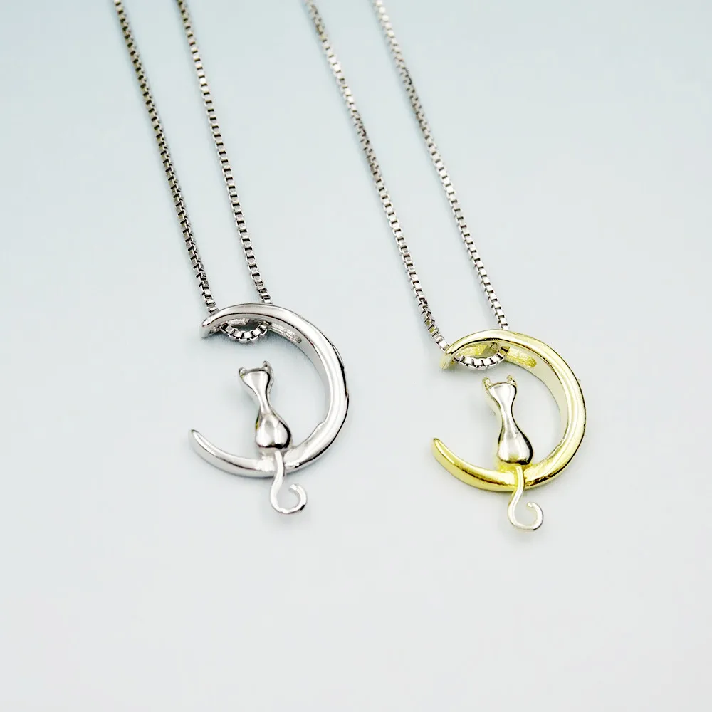 

925 Sterling Silver Moon Cat Pendant Necklace for Women Girls Sweet Cute Animal Collar Necklace Fashion Jewelry
