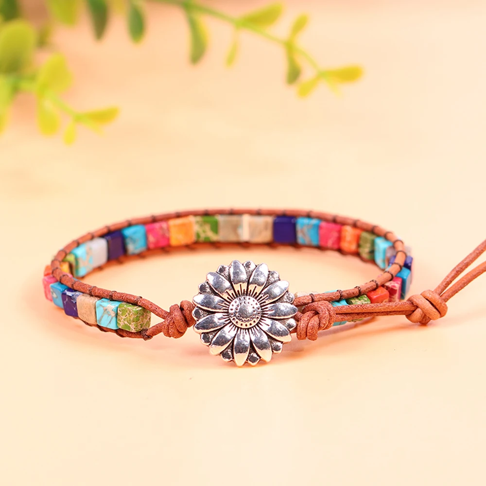 

Colorful Natural Stone Leather Wrap Bracelet 7 Chakra Bracelet Yoga Jewelry Handmade Couples Bracelets sunflower Creative Gifts