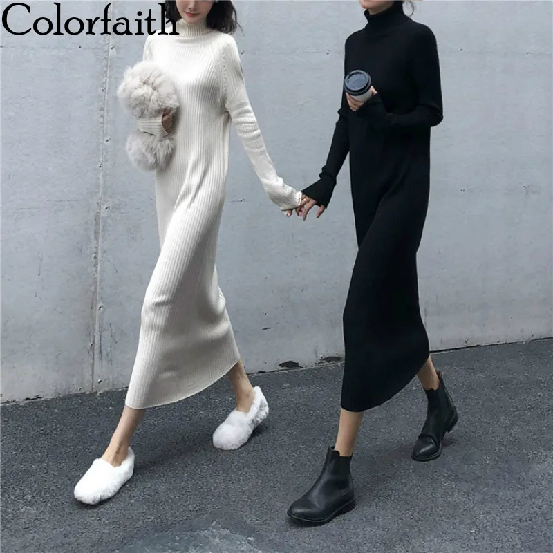 Colorfaith, новинка, женские длинные платья, весна-осень, водолазка, Повседневный, прямой, для девушек, вязаный пуловер, элегантная мода DR4654