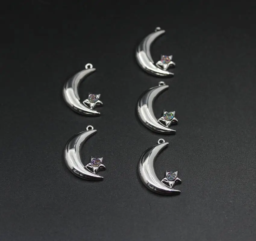 New!!! Crescent Moon&ampStars Inlay Rainbow Agates Druzy Round Beads Copper Plateds Silver Pendants Geode Quartz Drusy Charms | Украшения и