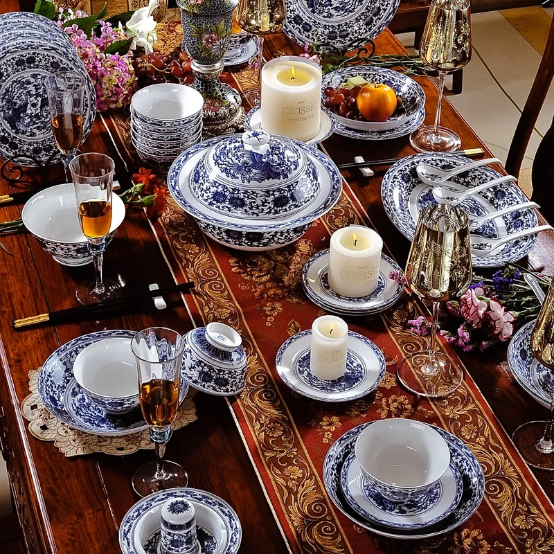 58 pcs high end luxury blue and white porcelain tableware set ceramic