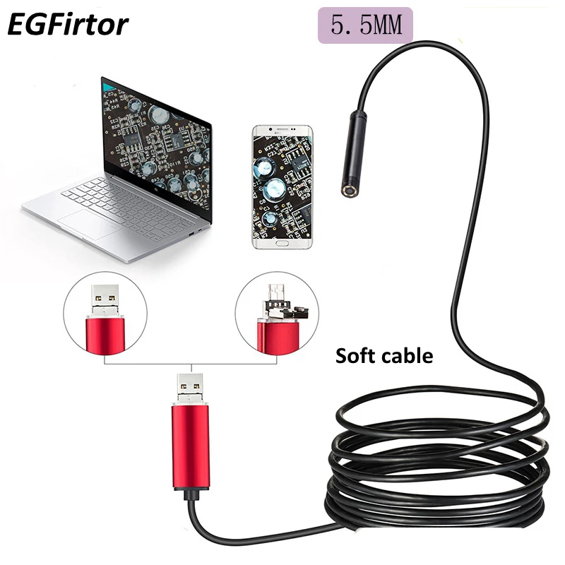 5,5 мм линза эндоскопа камера USB OTG гибкий эндоскоп красный водостойкий наблюдательная трубка камера бороскоп для андроида телефон ПК