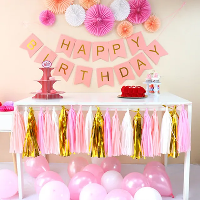 DIY Happy Birthday Banner Bunting Tassel Paper Fans Children Kids