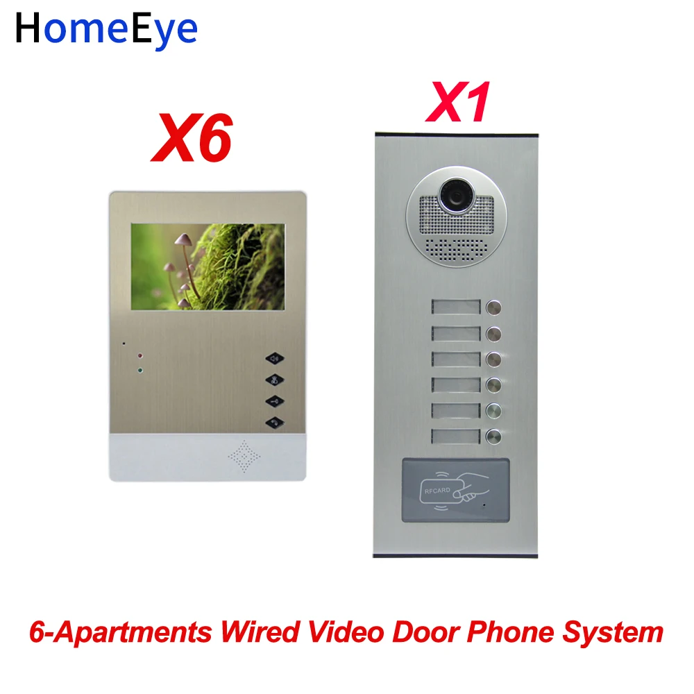 

6 Family Video Door Bell Home Access Control System 4.3'' 4-Wire Multi Apartments Video Door Phone Intercom RFID Card Wholesale