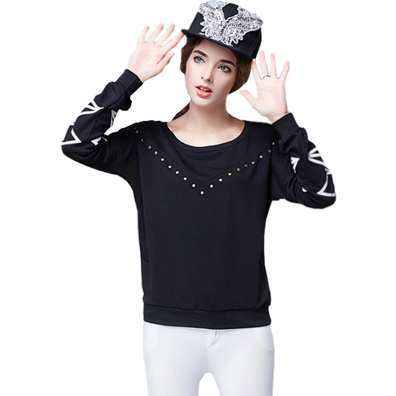 Haut mujer manche longue 2015 moda geométricas camisetas gráficas tops manga larga suelta camiseta mujer remache camiseta camisetas mujer