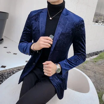 

Mens Blazer Europe Size Single Breasted Blue Party Wedding Blazer And Jackets Men British Fashion New Slim Fit Velvet Blazer Men