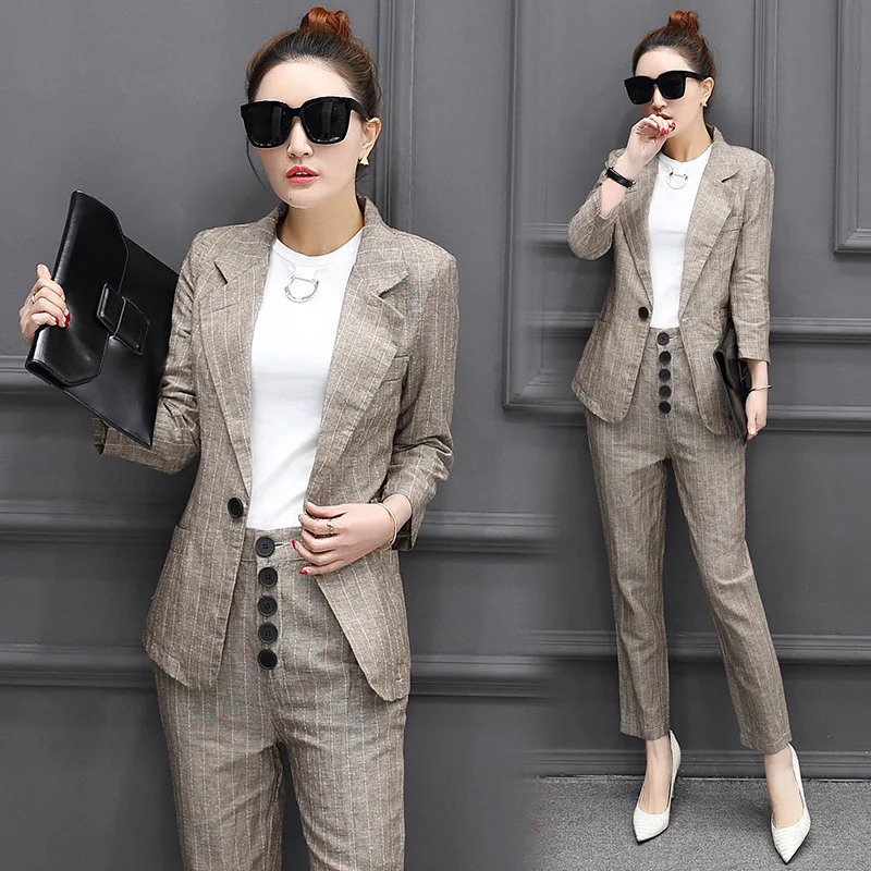 

2017 spring/Fall fashion flax suit suit female career suit jacket and long sections temperament casual two-piece pants tide