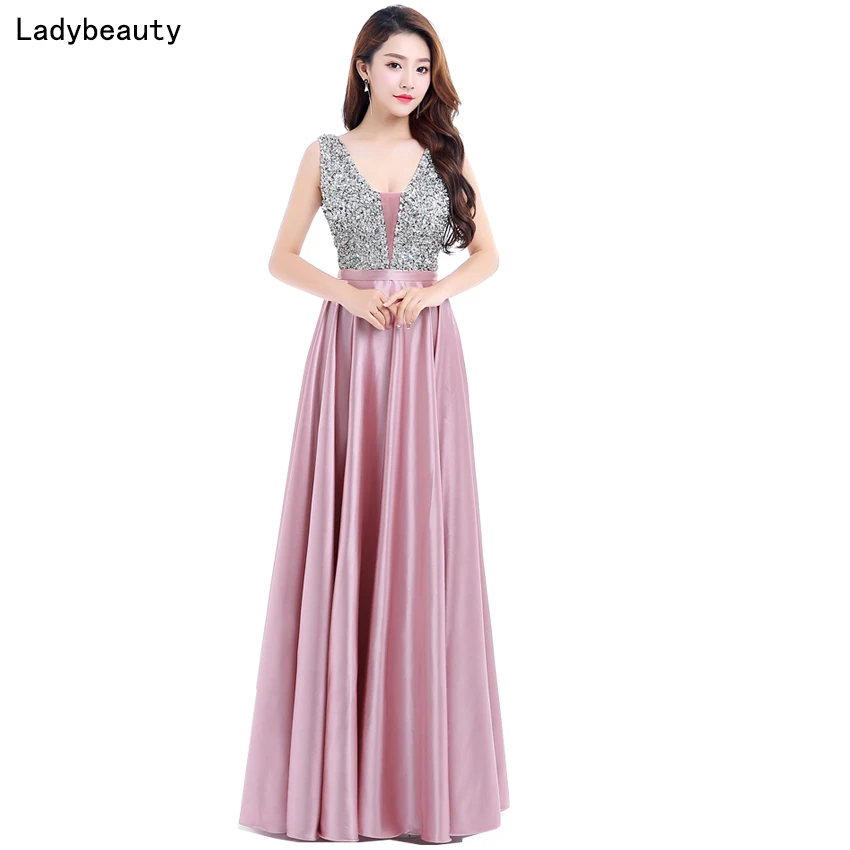 Ladybeauty Новые V образным Вырезом Бисер Лиф с Открытой Спиной Длинное Вечернее