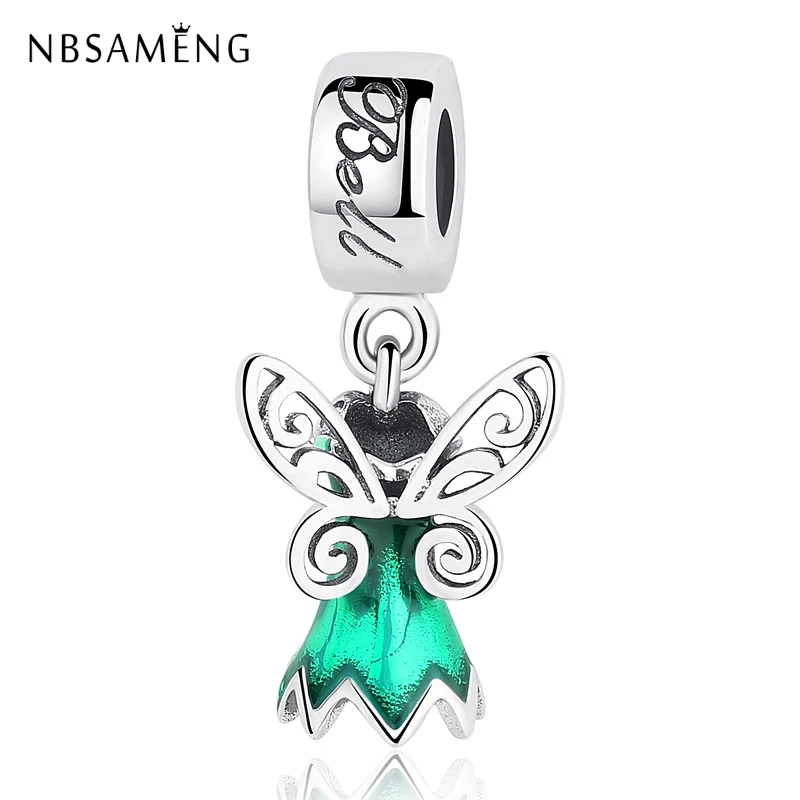 

Authentic 925 Sterling Silver Fairy Green Enamel Skirt Elegant Wings Hanging Pendant Bead Fit Original Pandora Bracelets Charm