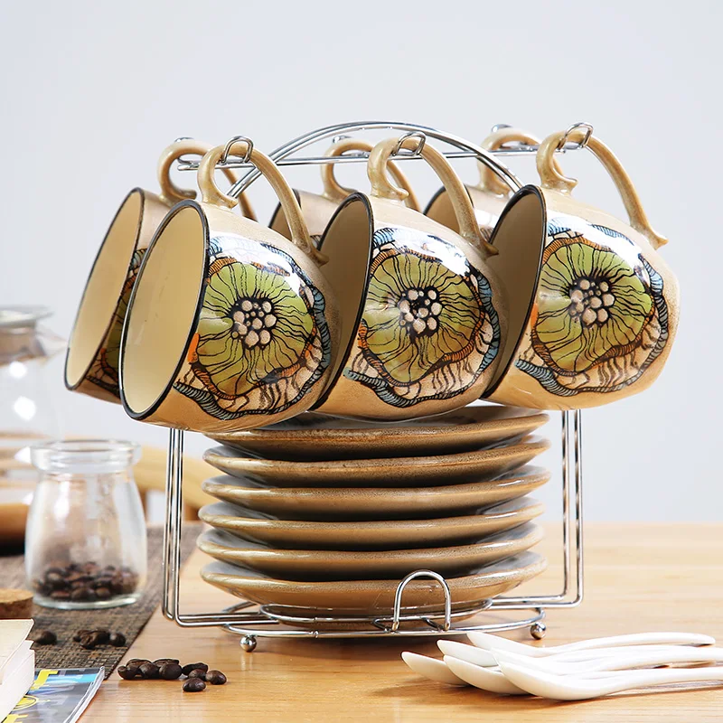 رسمت باليد القهوة الكؤوس ملاعق الكؤوس الصحون coffeeware يحدد 6 الإبداعية النمط الأوروبي coffeeware المنزلية مجموعة هدية مربع