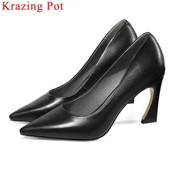 

Krazing Pot black cow leather covered high heels slip on oxford pointed toe office lady model style clubwear dress pumps L07