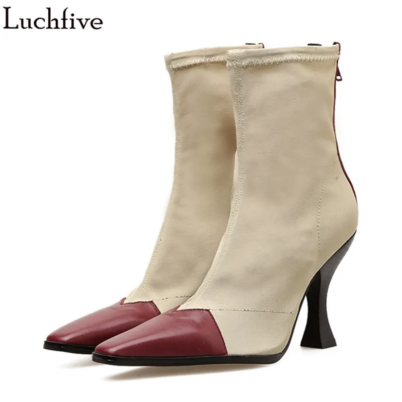 

Luchfive Stretch Fabric Sheepskin Patchwork High Heels Ankle Boots For Women Spring Runway Square Toe Back Zipper Pumps Women