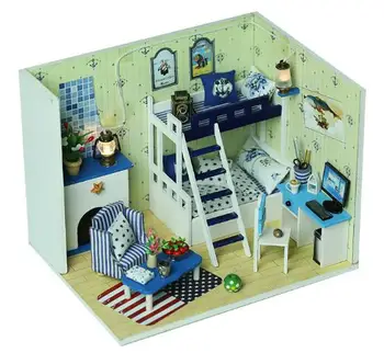 

q009 Doll House miniatura boy bedroom 3D Wooden Diy Dollhouse miniature room accessories dolls houses Birthday Gift toys