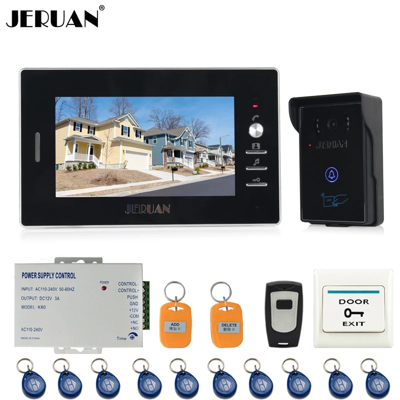 

JERUAN NEW 7`` Video Intercom Entry Door Phone System 1monitor+700TVL Touch Key Waterproof RFID Access Camera + Remote control