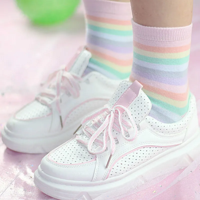 

1 Pair Striped Macaron Rainbow Women Socks Girls Cotton Casual Socks Lovely Kawaii Socks