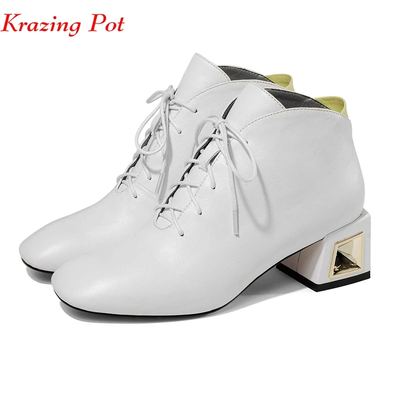 

Krazing Pot full grain leather boots style lace up solid color dailywear modern runway fretwork hollow med heels ankle boots L20