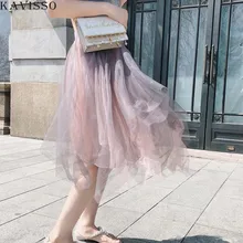 KAVISSO элегантный тюль юбки женские модные эластичные Высокая талия сетки летняя юбка плиссе Нерегулярные Длинные Лолита юбка saias falda
