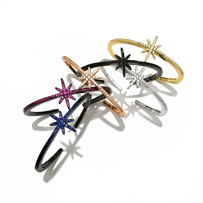 

Opening Size Full Crystal Star Bangle for Women New Six Color Micro-Paving Copper Color Retention Rhinestone Bracelet&Bangle