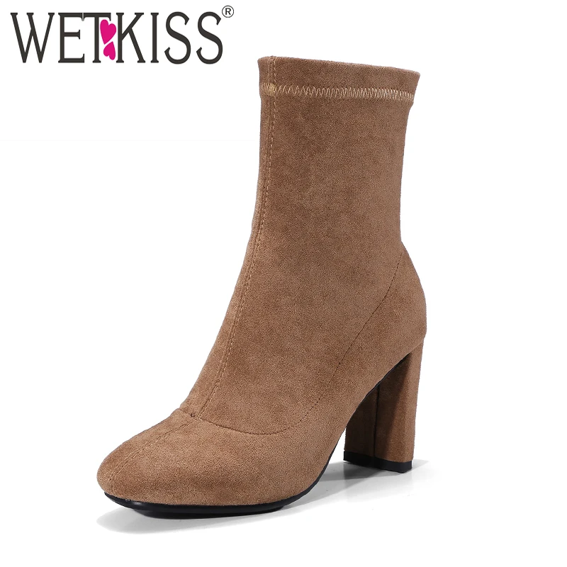 

WETKISS Winter High Heels Women Ankle Boots Square Toe Short Plush Zip Footwear Stretch Female Boot Flock Shoes Women 2018 New