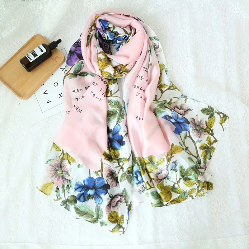 

2018 spain luxury brand women pink floral letter scarf fashion print silk scarves designer shawls and wraps bandana foulard caps