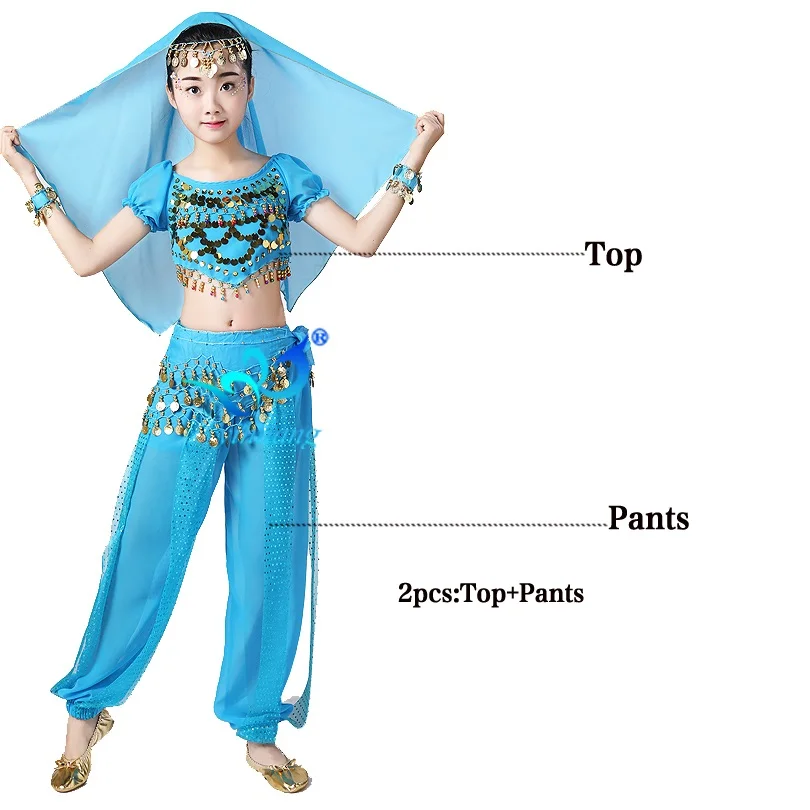 Блестками Индийский живота танцевальный костюм для выступлений комплект девушка Восточный Хэллоуин костюм детский шифоновый короткий рукав 6 цветов - Цвет: Light Blue 2pcs