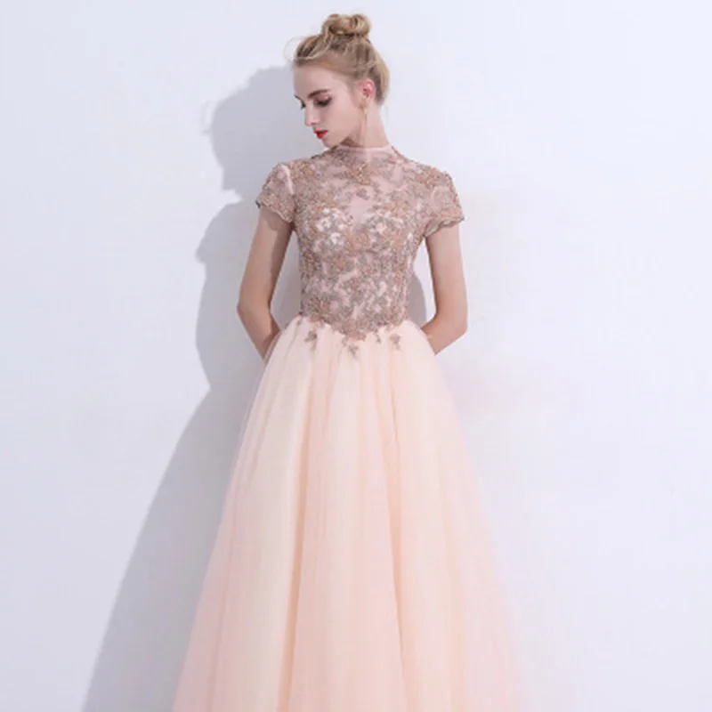Women Dress Elegant Luxury Sexy Backless Gown Long Dress Turtleneck Embroidery Short A Line Dress formal Dresses - Цвет: Розовый