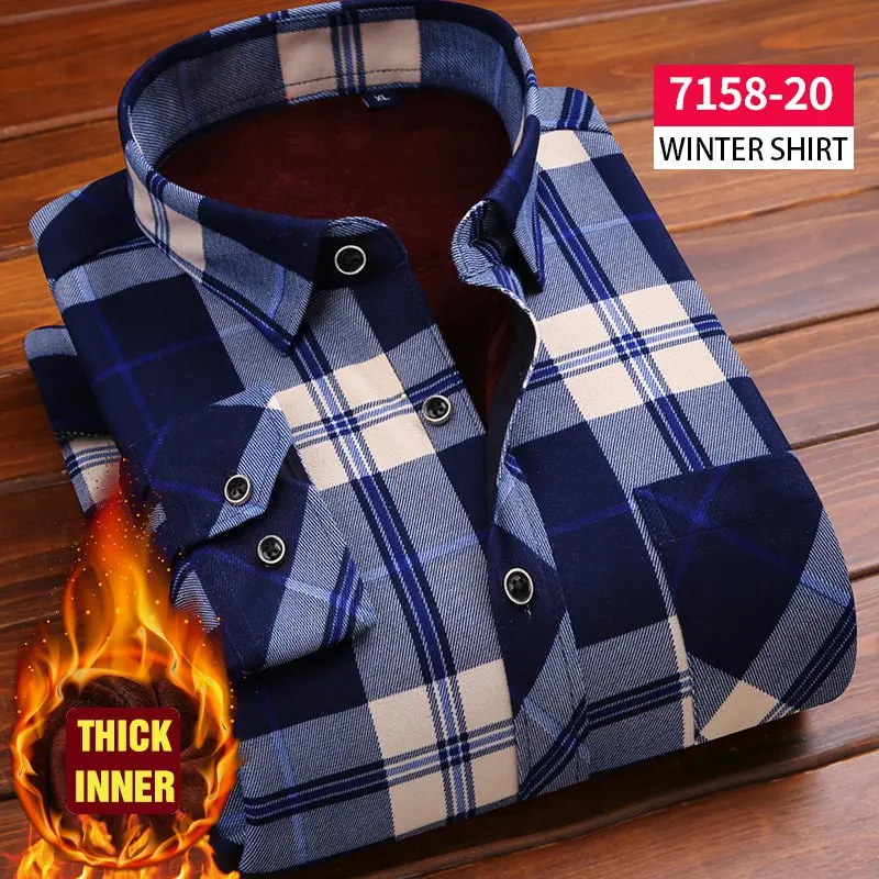 Зимняя Повседневная рубашка, теплая клетчатая рубашка с длинным рукавом, плотные бархатные мужские брендовые рубашки, мужские облегающие рубашки, 28 цветов - Цвет: 7158-20