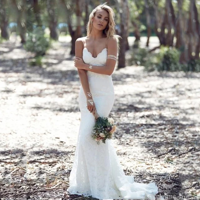 vestido de novia blanco barato boho sirena jardín vestidos de novia