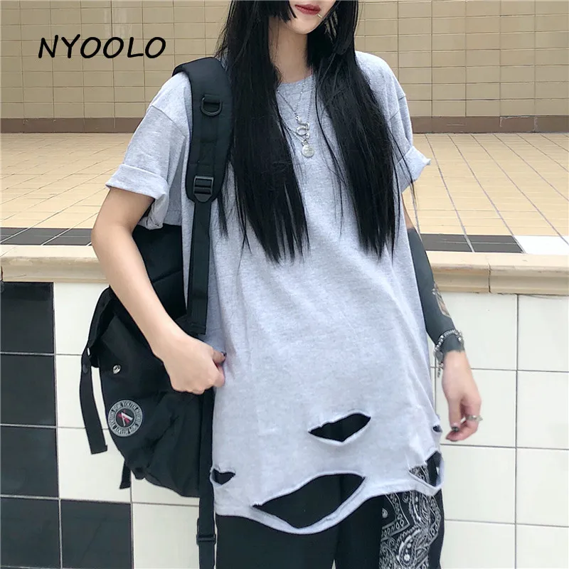 NYOOLO Harajuku Стильная однотонная футболка с дырками, летняя уличная свободная футболка в стиле хип-хоп с коротким рукавом, Женская/Мужская одежда, топы, футболки