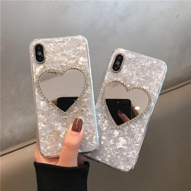 

Luxury Diamond Love Heart Mirror Coque for Iphone 7 Plus Phone Case for Iphone Xr 8 6 6S Plus Xs Max X Glitter Conch Shell Cpver