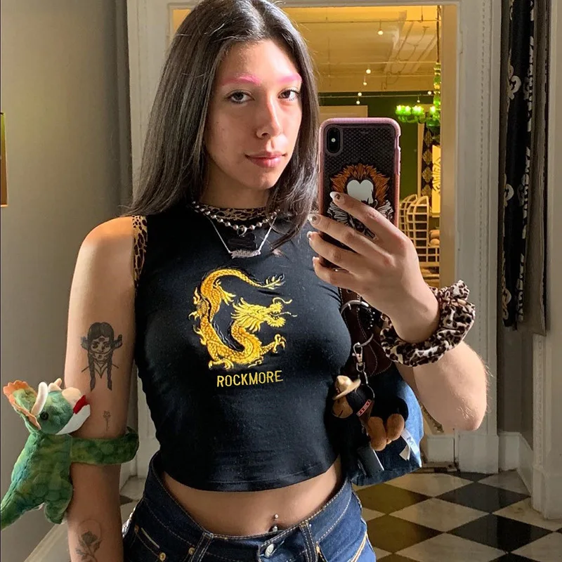 

2019 Cool Dragon Embroidery Leopard Patchwork Streetwear Tanks Tops Women Summer Bottoming Workout Active Cropped Tube Vest