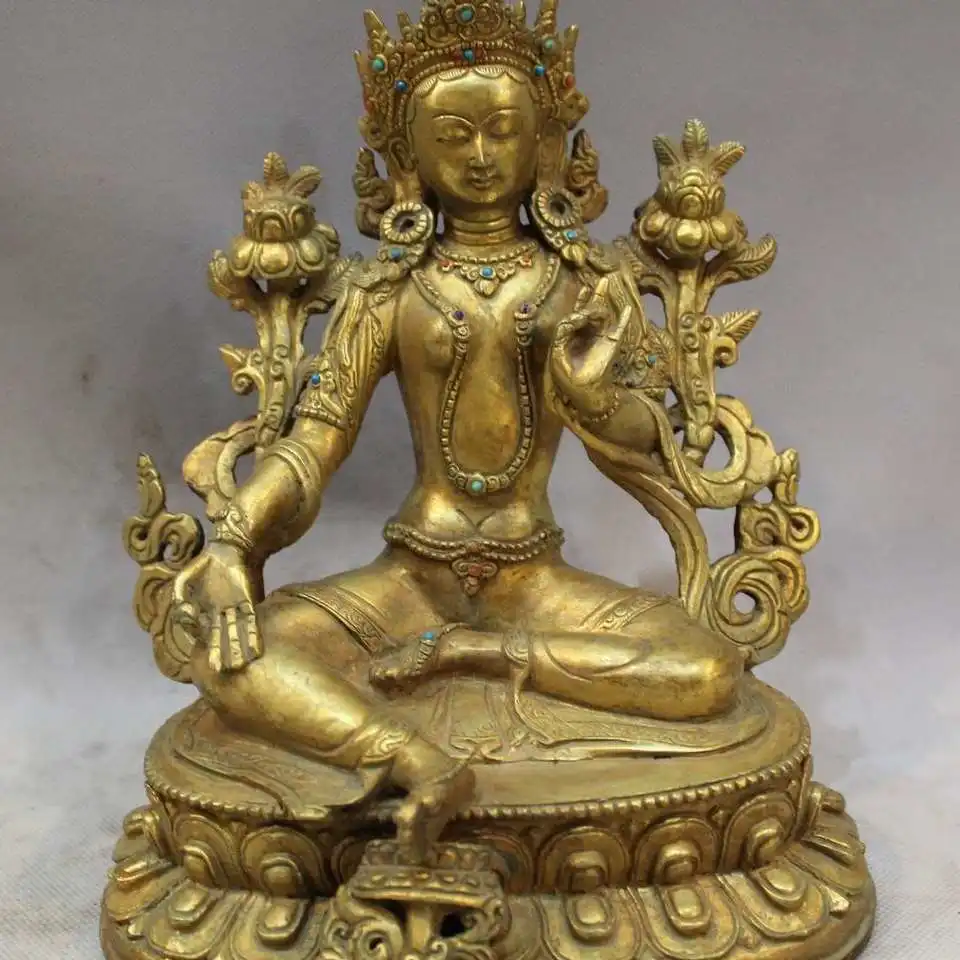 

Chinese Old Bronze Collect Green Tara Buddha GuanYin Goddess Statue Figurine