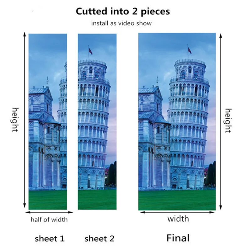 Пользовательские размеры 3D наклоняющаяся башня двери наклейки поделки ПВХ ремонт дверей дома наклейки самоклеющиеся обои для гостиной плакат - Цвет: 010-cutted into 2pcs