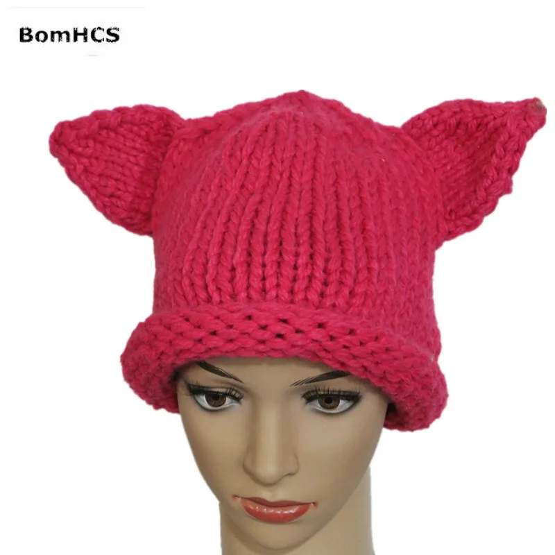 

BomHCS Cute Cat Ears Women's Funny Beanie 100% Handmade Knitted Pussycat Hat Parade Cap