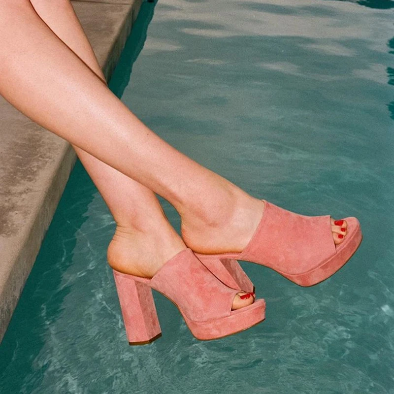 

Teahoo Summer Genuine Leather Women Sandals Retro Suede Women Mules Slip On Women Shoes Square High Heels Women Platform Sandals