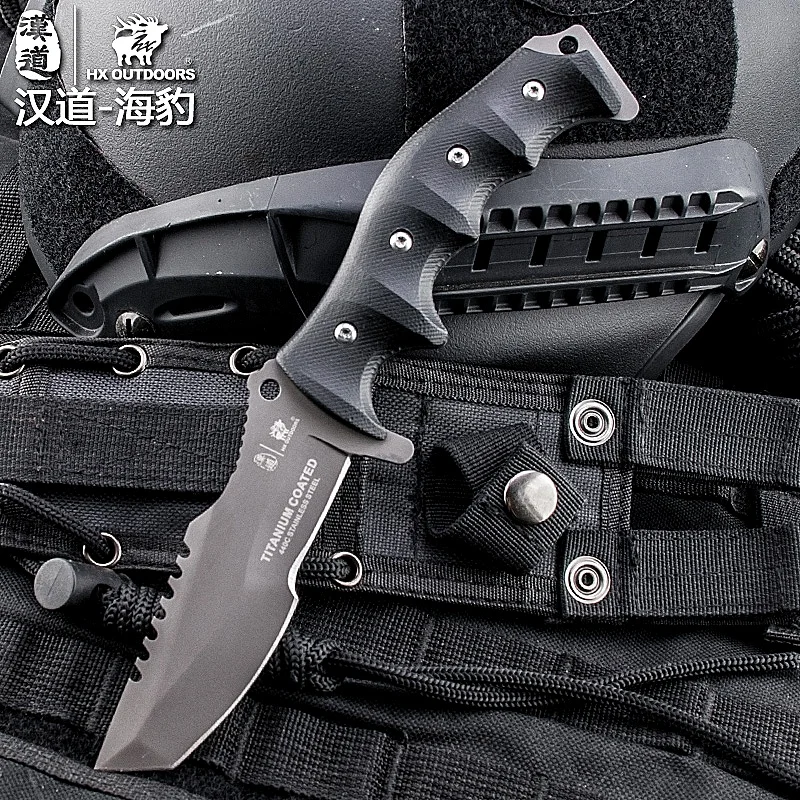 Online HX al aire libre 440C hoja táctica recto cuchillo de caza K10 manejar Camping supervivencia rescate cuchillos con K funda EDC herramienta