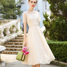 Летние вечерние платья с кружевами белого и розового цвета с жемчужинами и вышивкой, платья Феи средней длины с тонкой талией