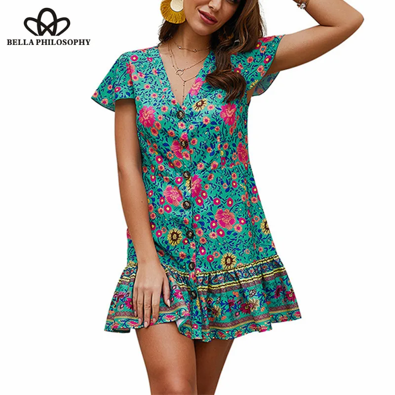 2019NEW Summer Dress Women Boho Floral Printed Dress Vintage Sexy Lady Dress Holiday Beach Dress Outfits Ruffles Vestidos Wonder