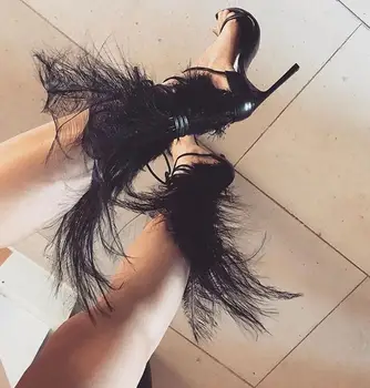 

Super Hot Black Feather Back Women Open Toe Sandals Concise Style Ladies Lace Up High Heels Fashion Gladiator Sandals Size 41